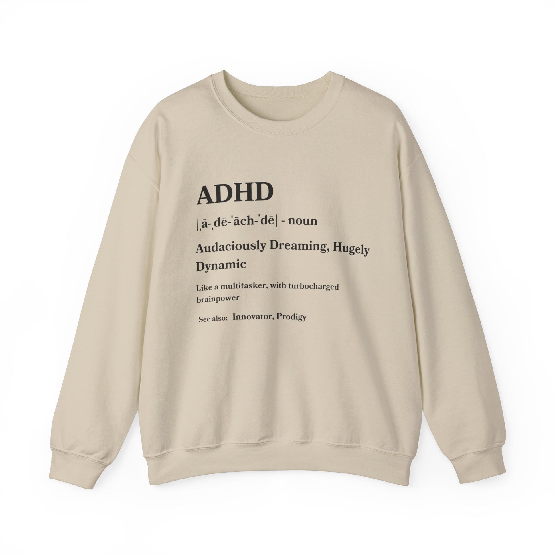 Sentence using product name: Woman smiling while wearing a navy ADHD Definition Unisex Crewneck Sweatshirt with a positive and empowerment definition of ADHD printed on the front.