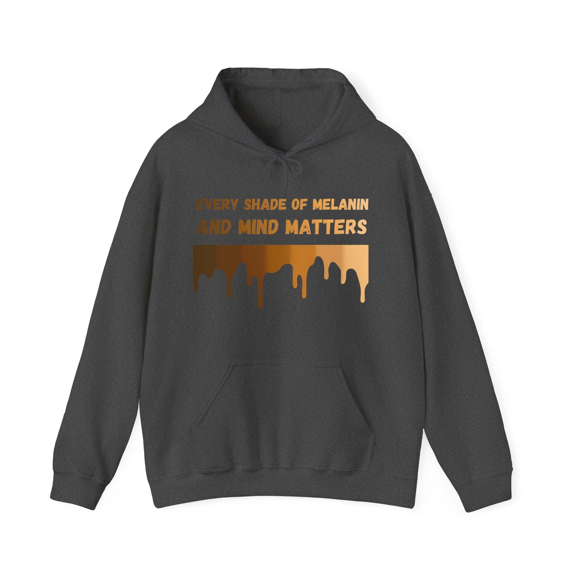 A woman smiling while holding a coffee cup, wearing the Every Shade Of Melanin Unisex Hooded Sweatshirt with the message "every shade of melanin and mind matters" printed on it, celebrating diversity and mental health awareness in an inspirational way.