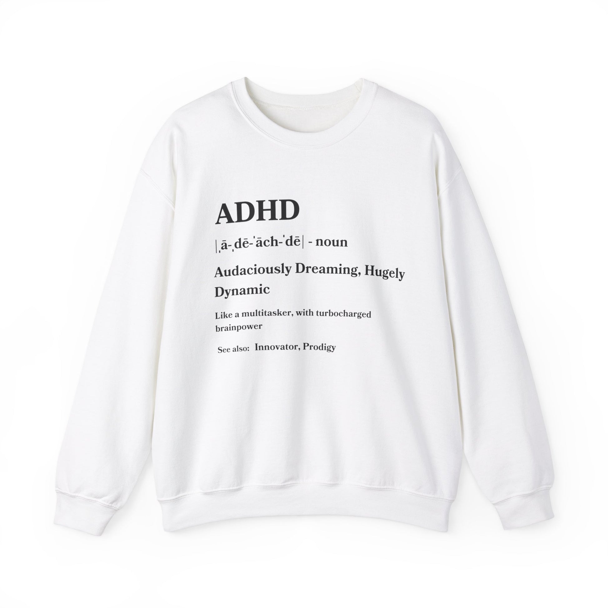 Sentence using product name: Woman smiling while wearing a navy ADHD Definition Unisex Crewneck Sweatshirt with a positive and empowerment definition of ADHD printed on the front.