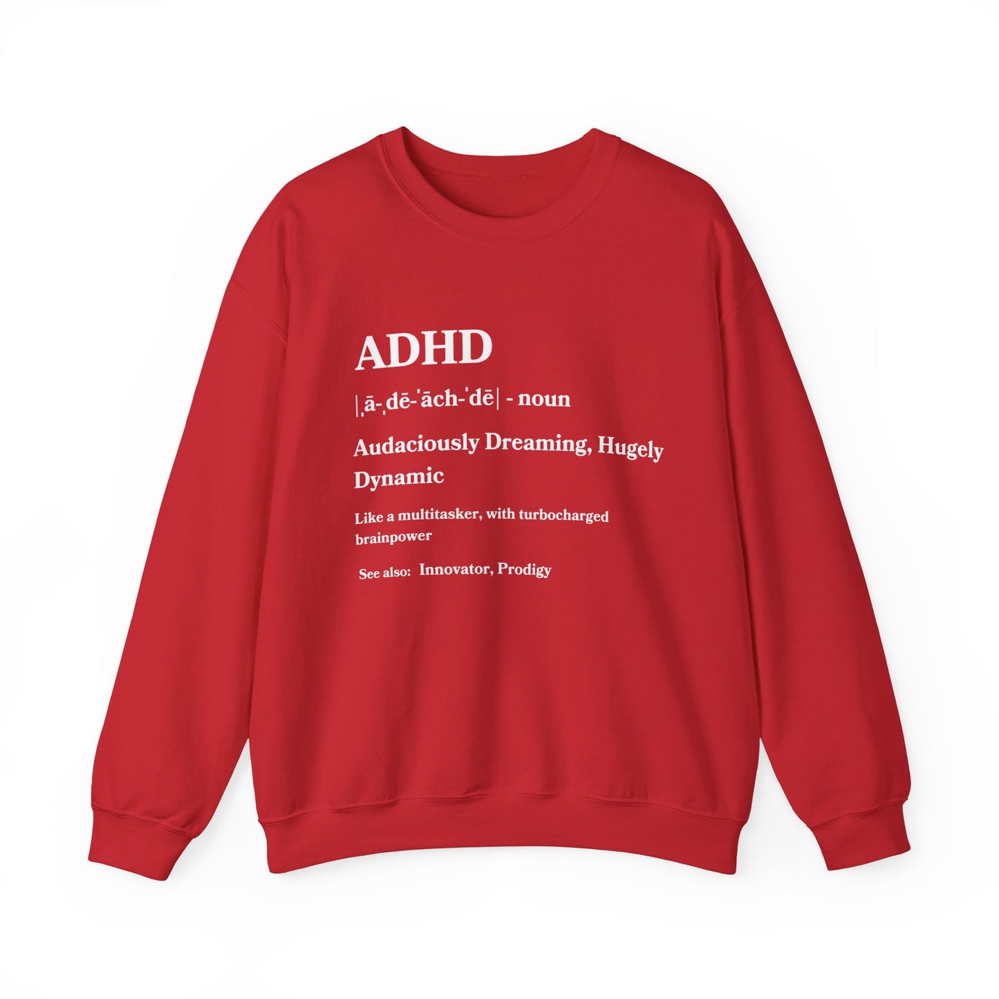 Sentence using product name: Woman smiling while wearing a navy ADHD Definition Unisex Crewneck Sweatshirt with a positive and empowerment definition of ADHD printed on the front.