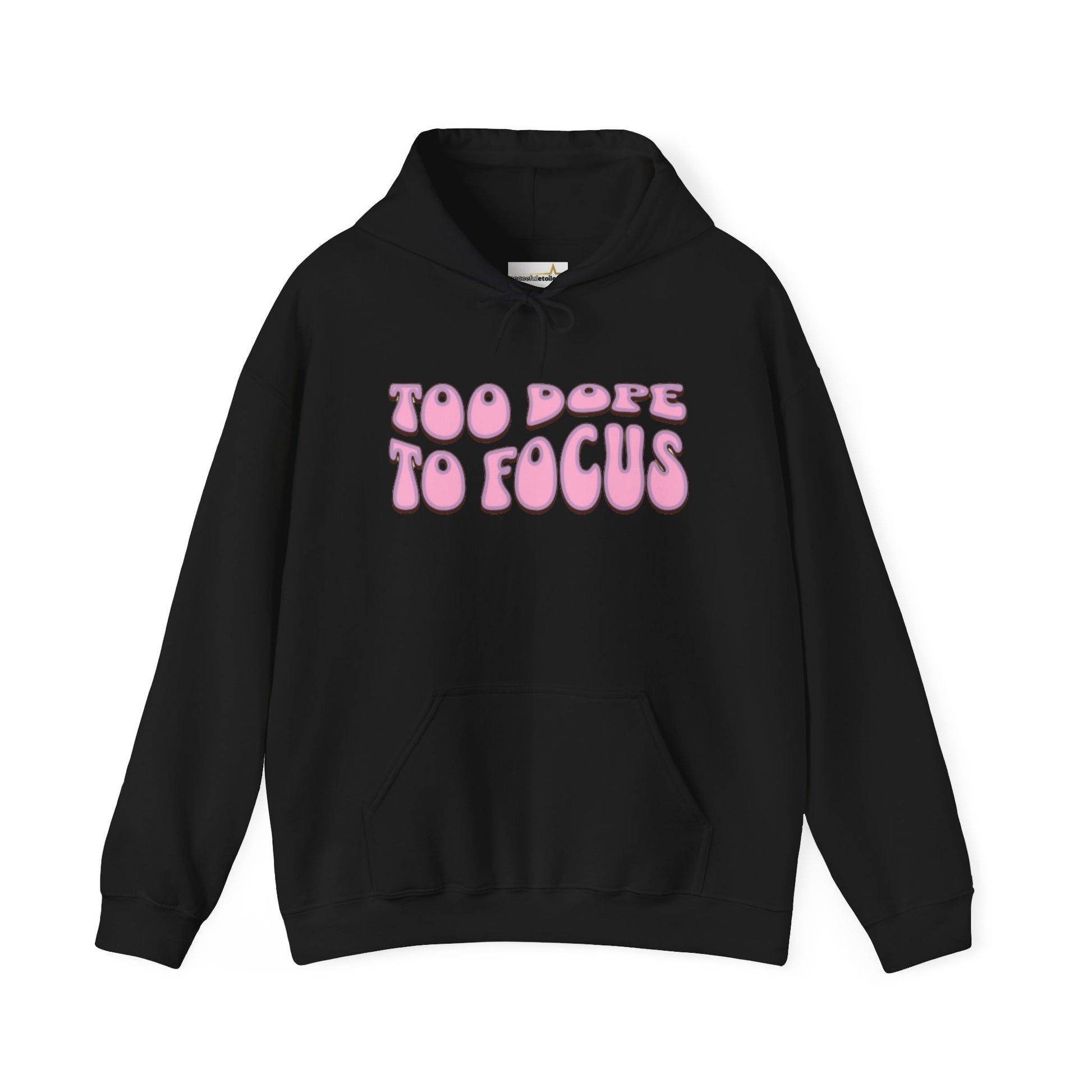 A smiling woman in a Too Dope To Focus Unisex Hooded Sweatshirt with the text "too dope to focus on mental health" printed on the front.