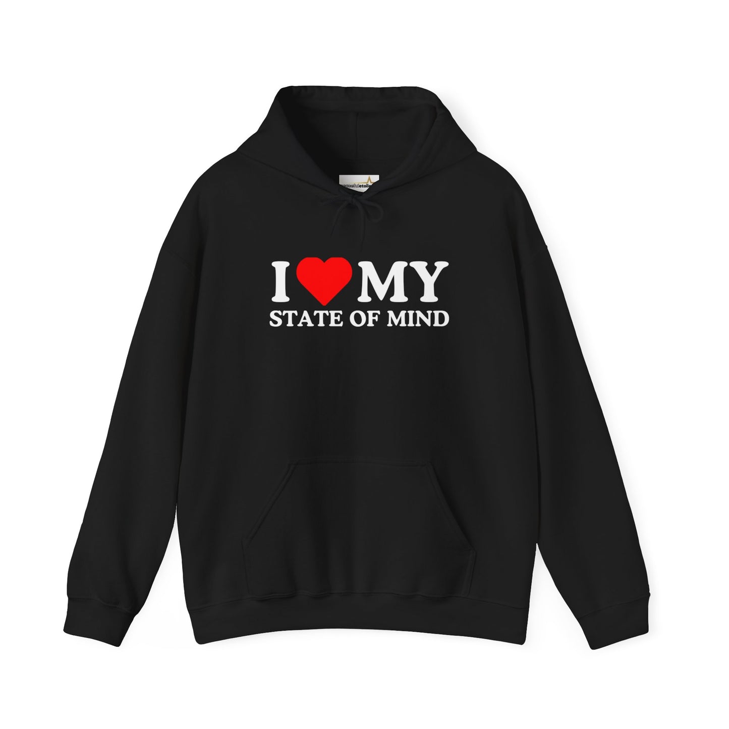 Woman in a stylish black State of Mind Unisex Heavy Blend Hooded Sweatshirt emblazoned with empowering quotes including "i ❤️ my state of mind," confidently adjusting her sunglasses, exuding confidence and support.