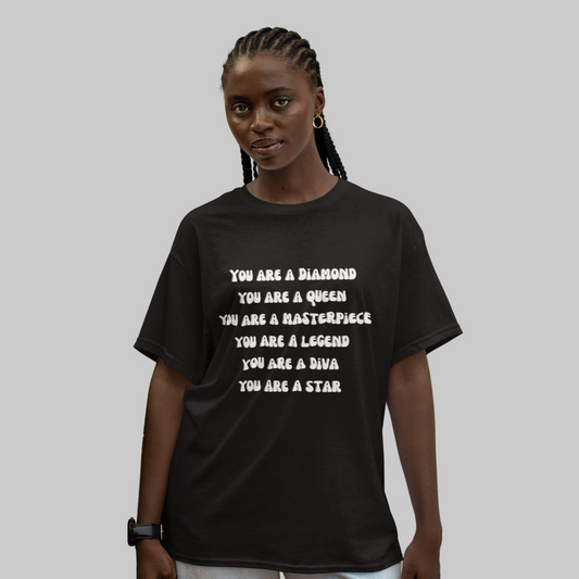 Woman in a "You Are A Diamond" unisex heavy cotton t-shirt with an uplifting message for mental health awareness.