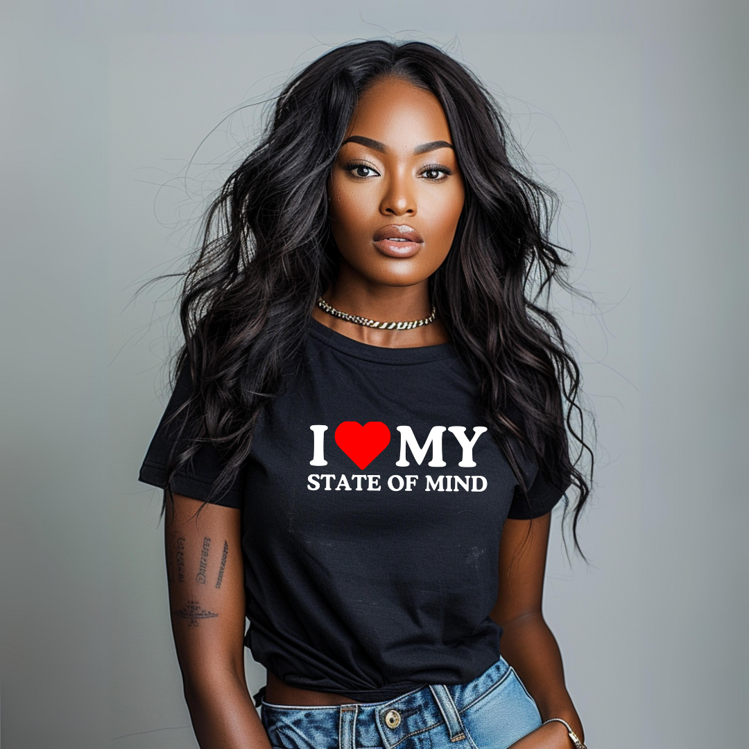 Confident woman sporting a "i ❤️ my state of mind" t-shirt, exuding self-love, positive vibes, and an inspirational aura.