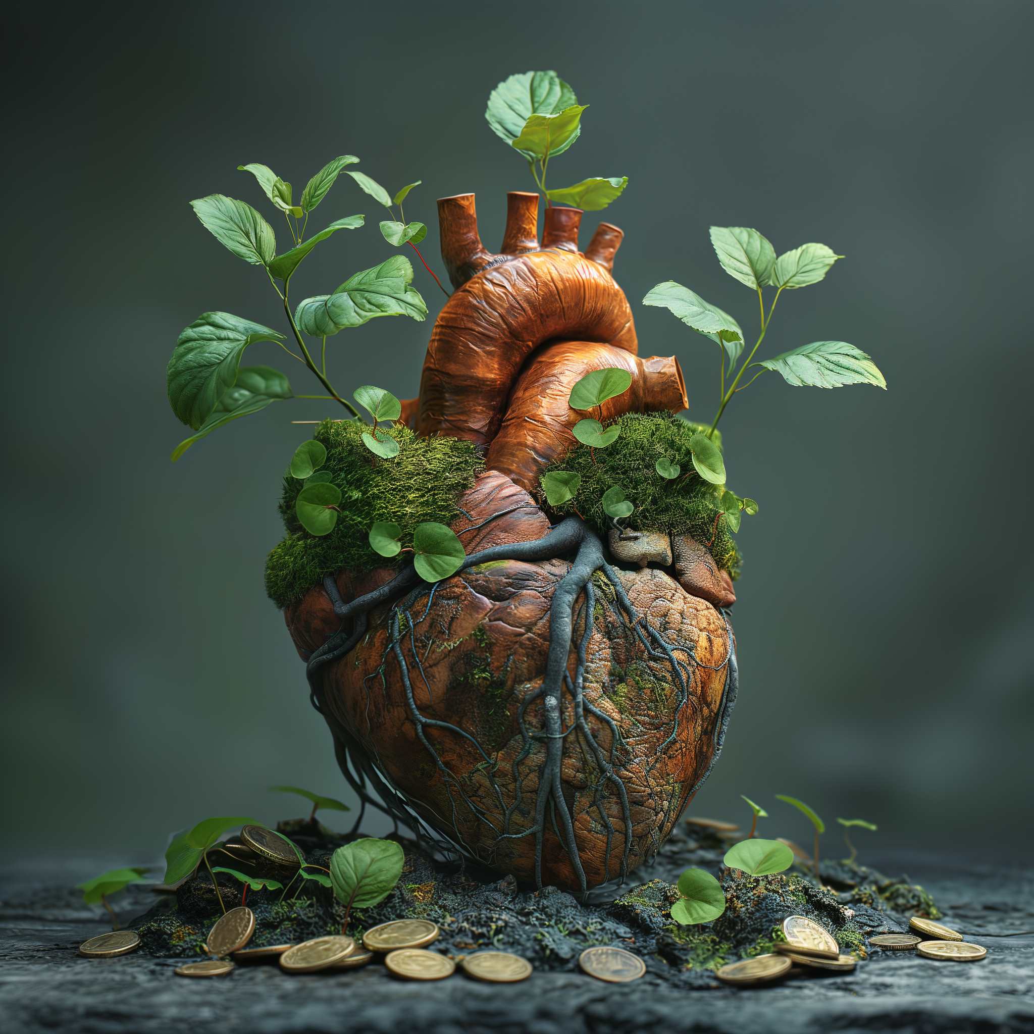 A conceptual image of a human heart transformed into a flourishing, supportive tree, with roots extending out and coins scattered at the base, symbolizing the interconnection of life, growth, and perhaps the value
